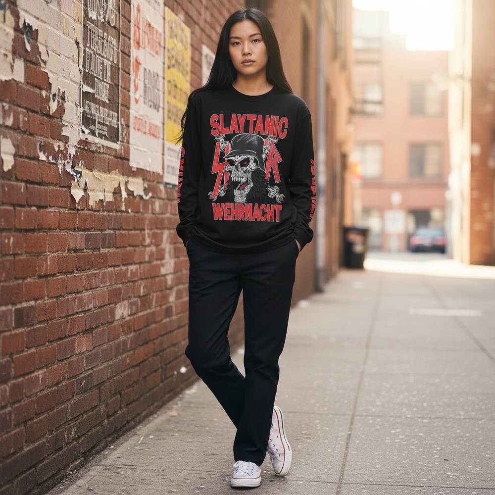 Black Graphic SLAYER Tee with Red Skull Print